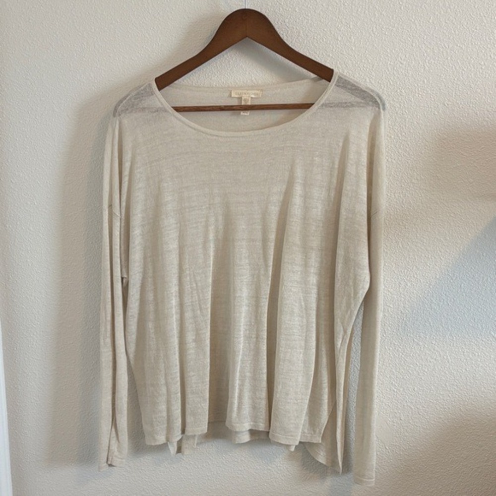 Eileen Fisher Italian Yarn Sheer Knit Boxy Sweater Beige Medium